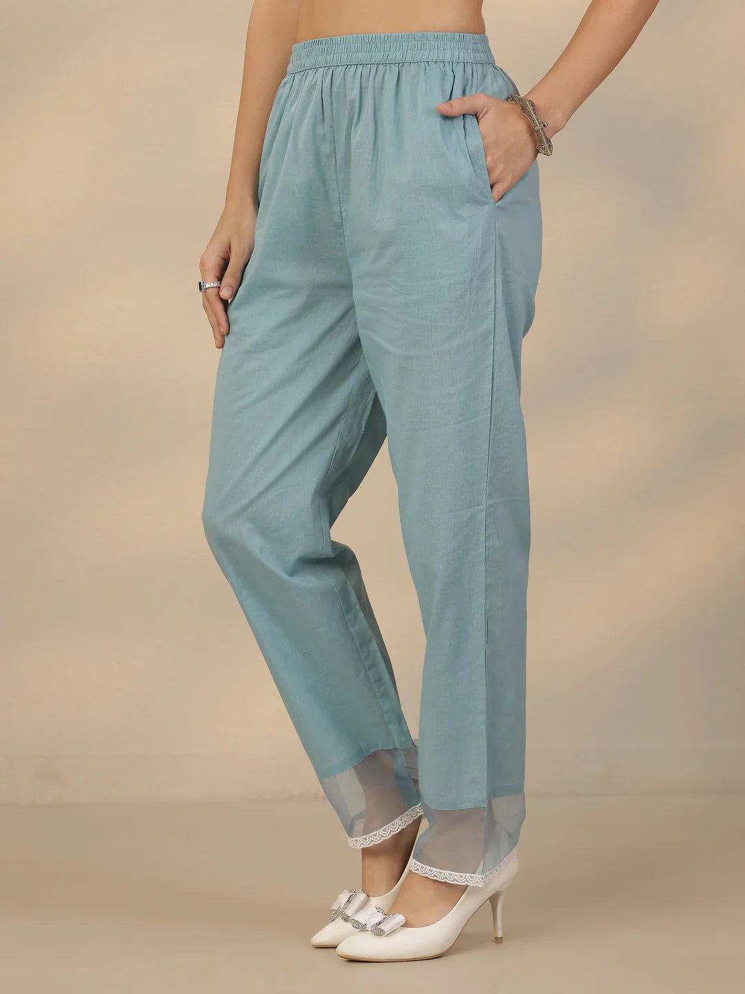 Grey & Blue Combo Embroidered Cotton Straight Suit Set With Dupatta