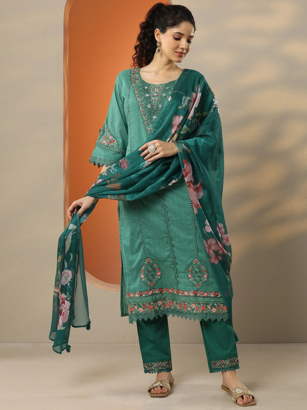 Green Combo Embroidered Cotton Straight Suit Set With Dupatta