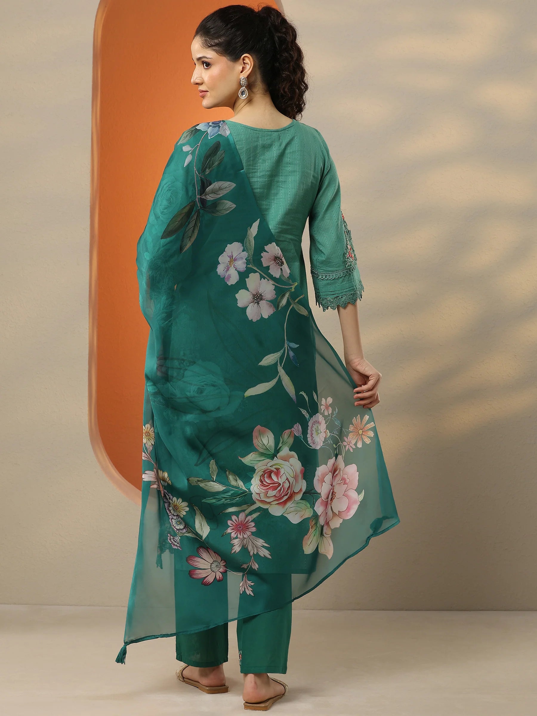 Green Combo Embroidered Cotton Straight Suit Set With Dupatta