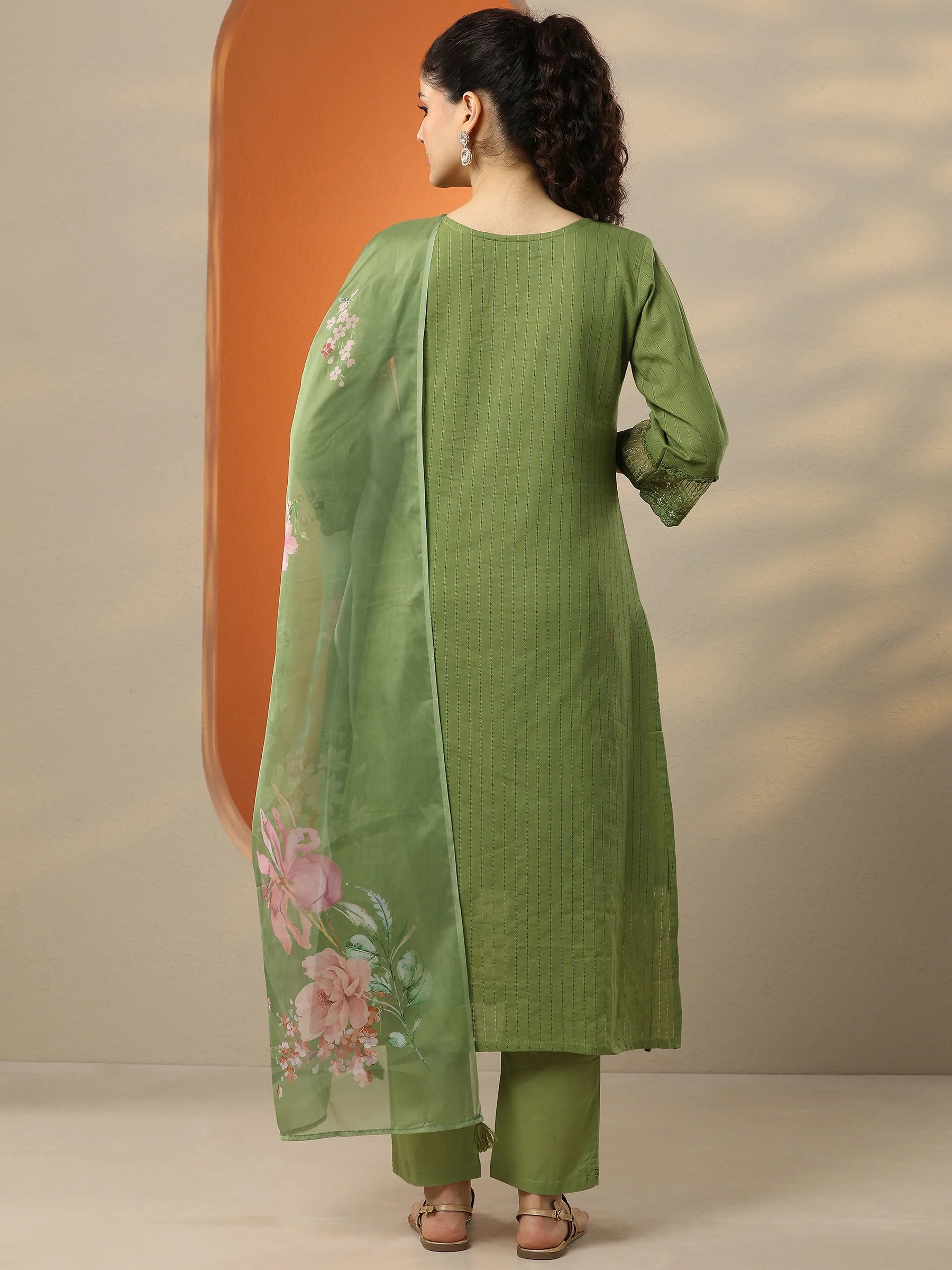 Green Combo Embroidered Cotton Straight Suit Set With Dupatta
