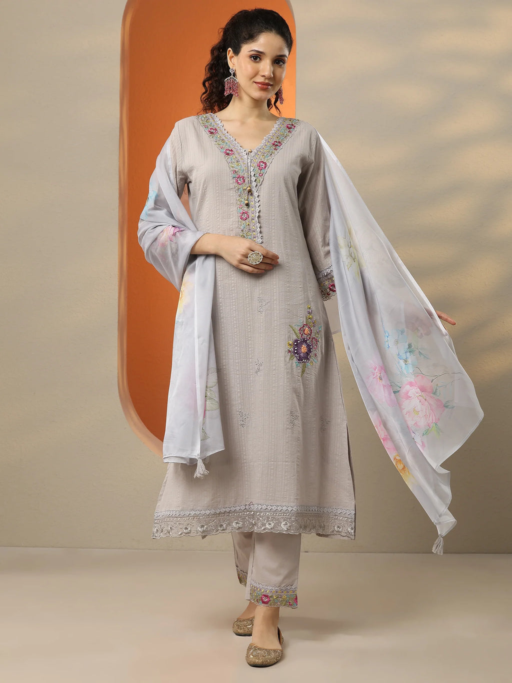 Grey & Black Embroidered Cotton Straight Suit Set With Dupatta