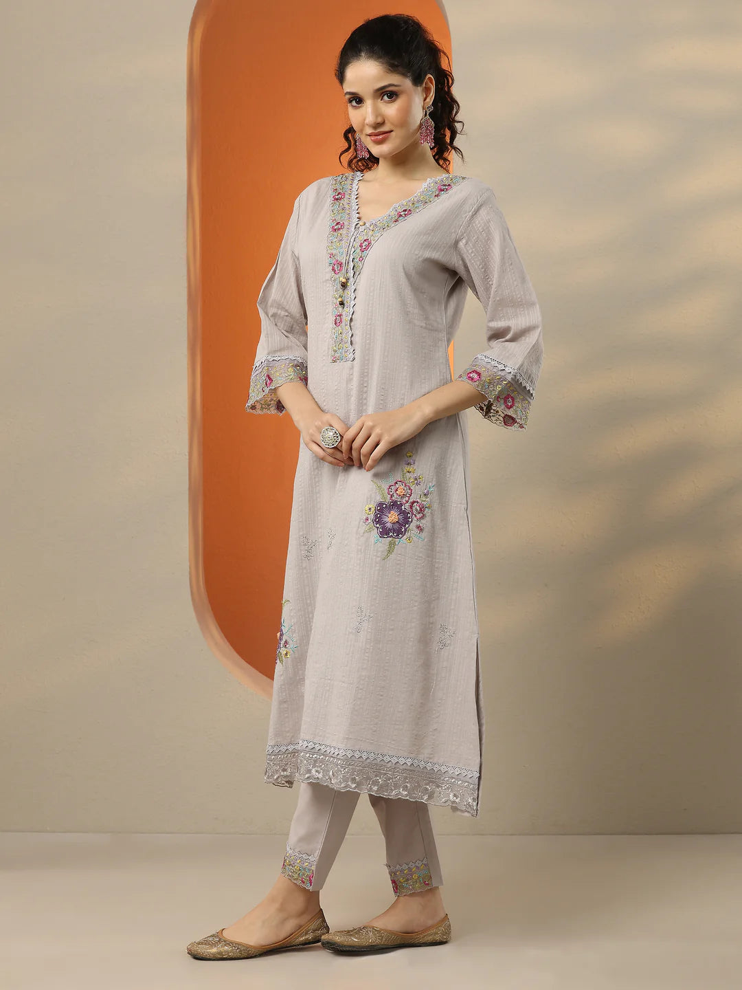 Grey & Black Embroidered Cotton Straight Suit Set With Dupatta
