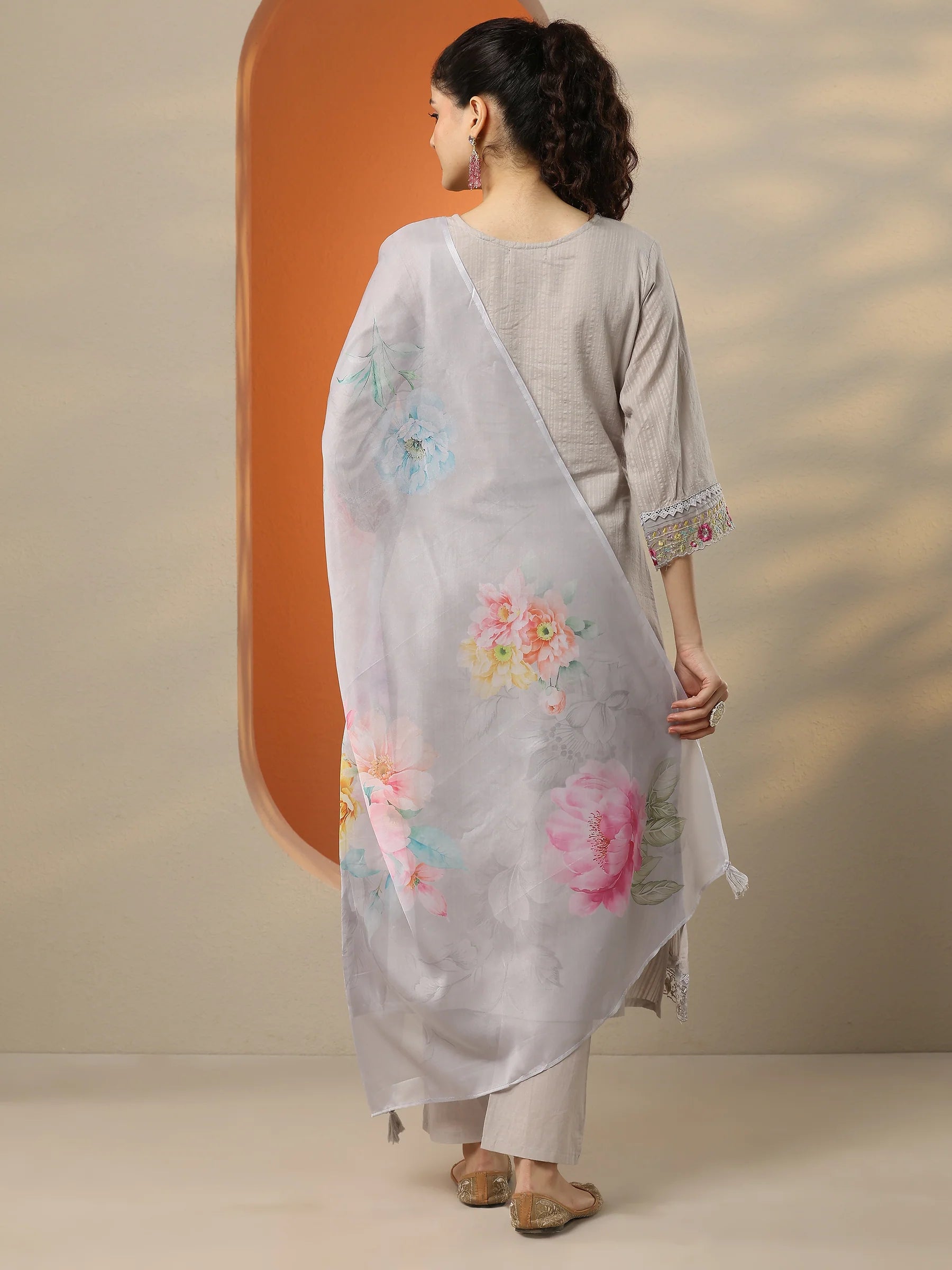 Grey & Black Embroidered Cotton Straight Suit Set With Dupatta