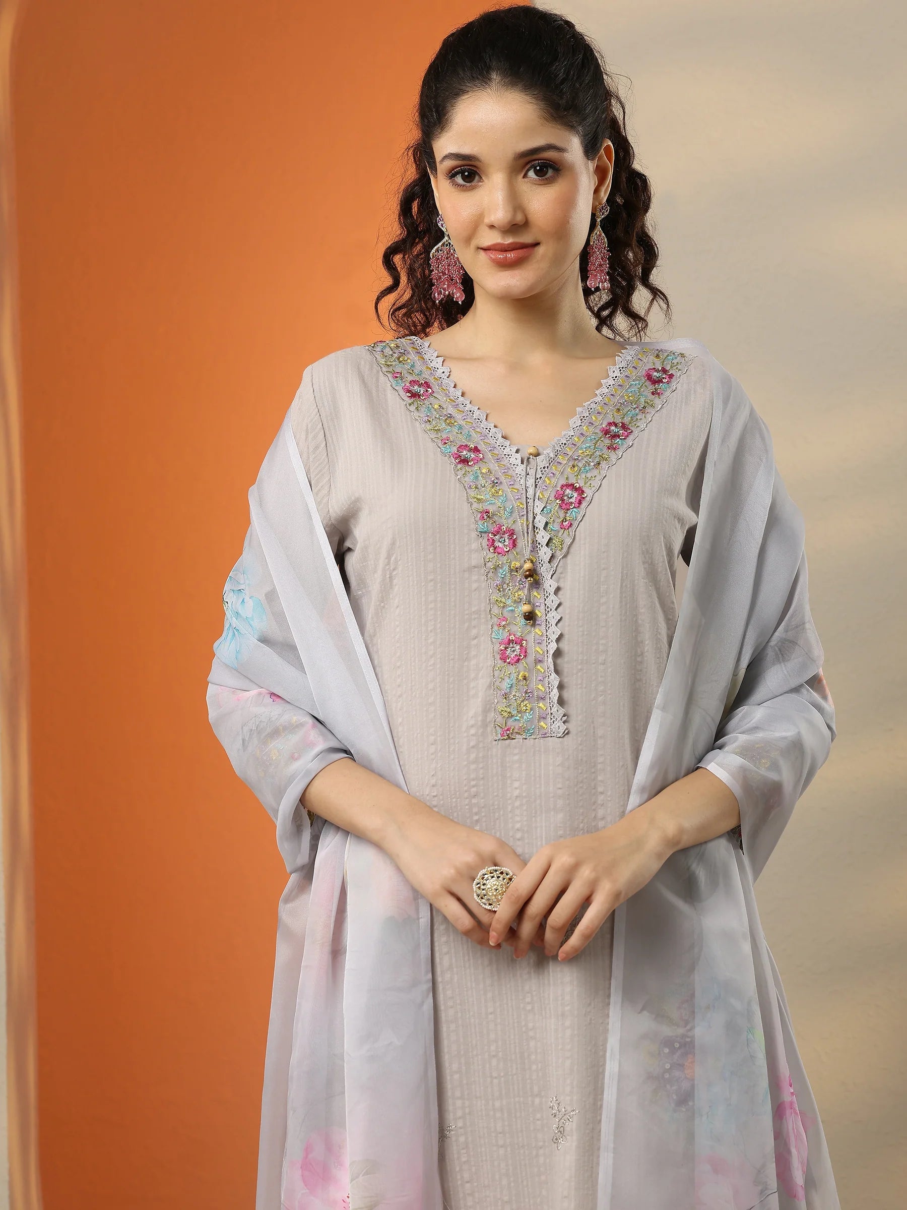 Grey & Black Embroidered Cotton Straight Suit Set With Dupatta