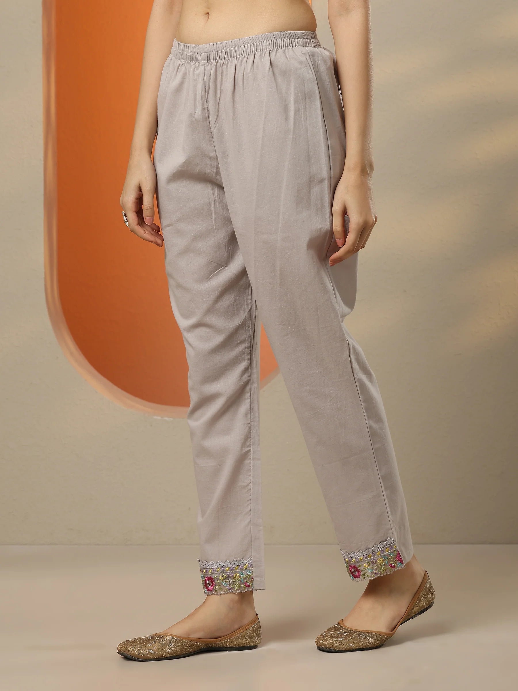 Grey & Black Embroidered Cotton Straight Suit Set With Dupatta