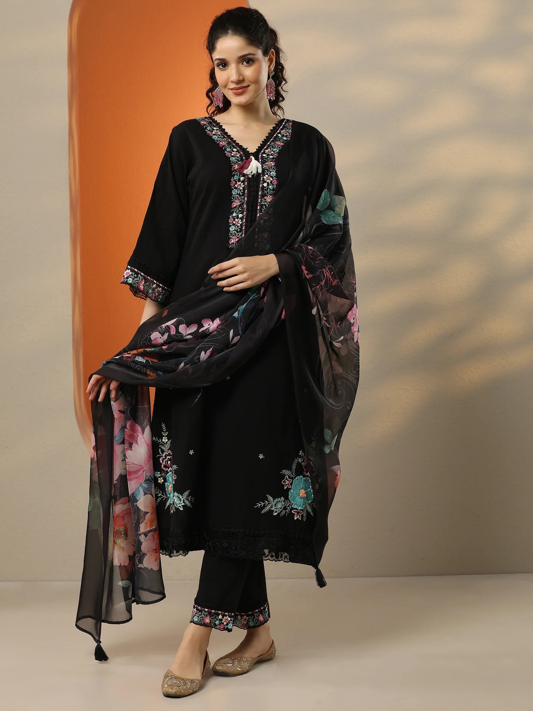 Grey & Black Embroidered Cotton Straight Suit Set With Dupatta