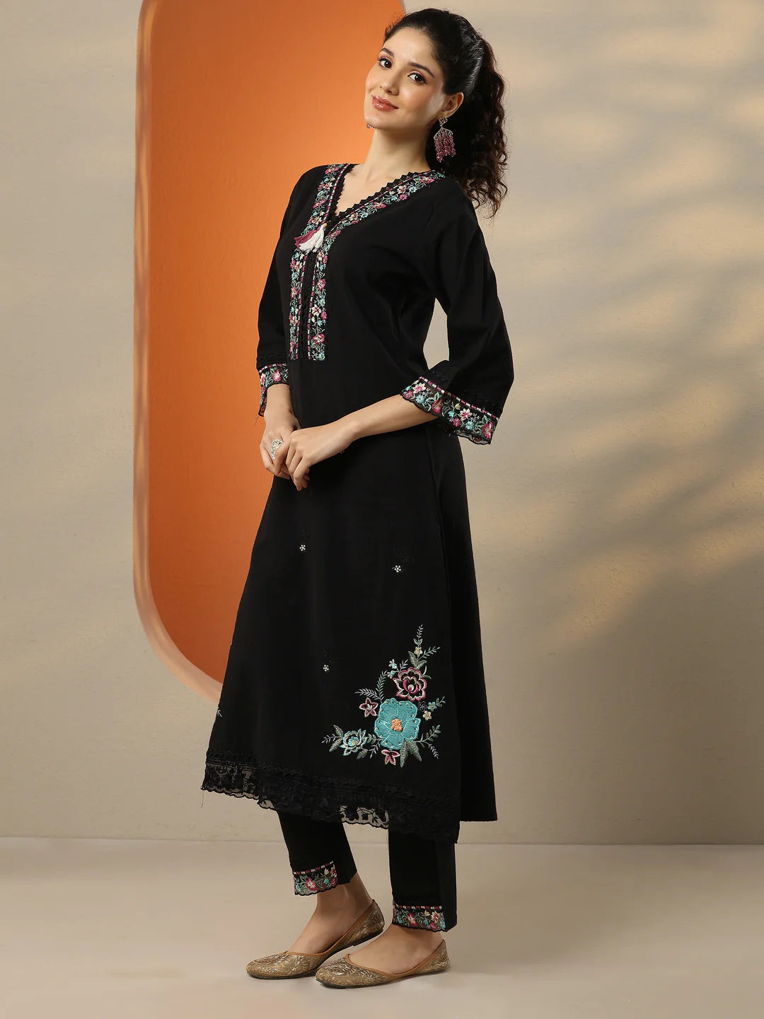 Grey & Black Embroidered Cotton Straight Suit Set With Dupatta