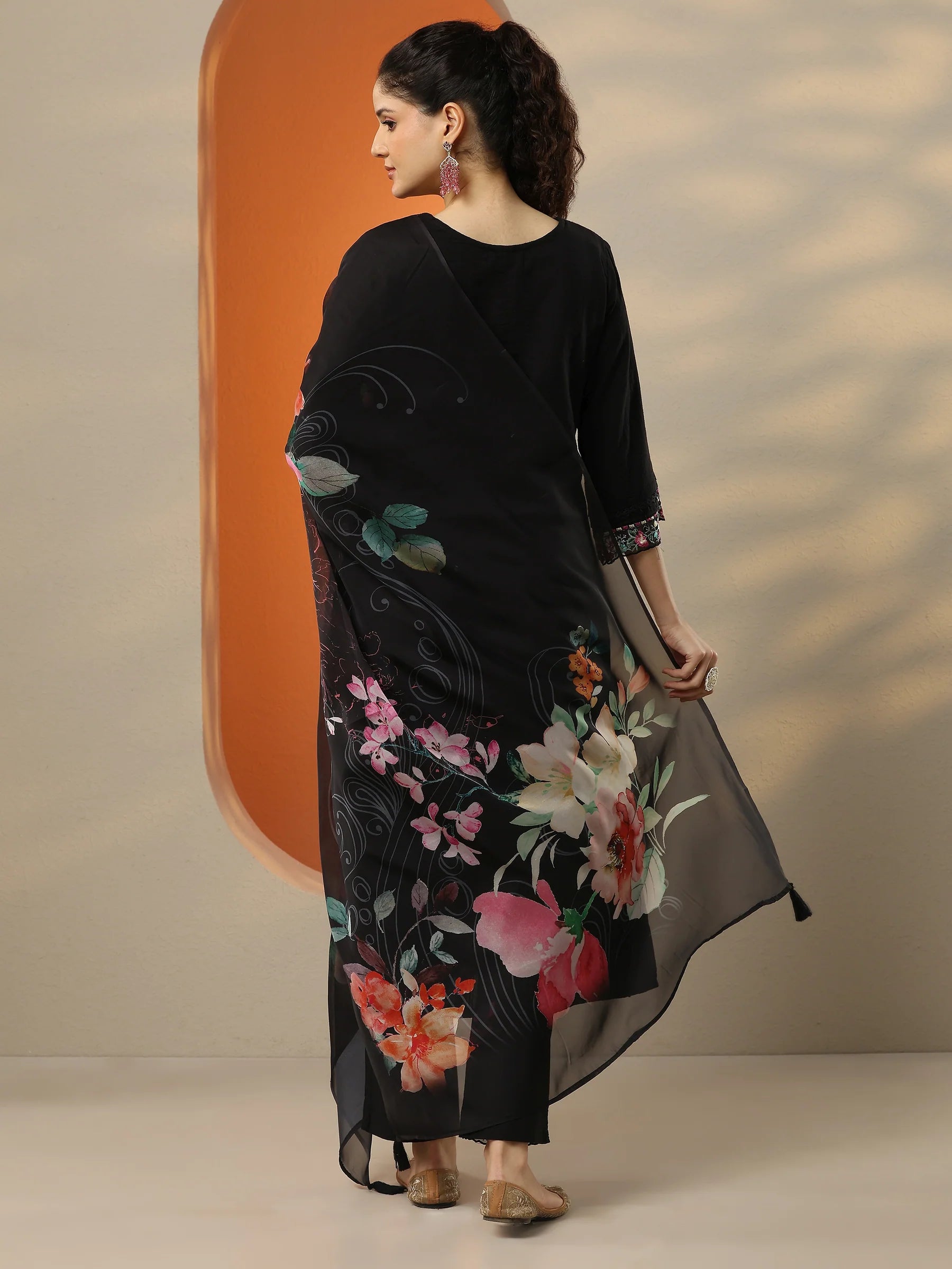 Grey & Black Embroidered Cotton Straight Suit Set With Dupatta