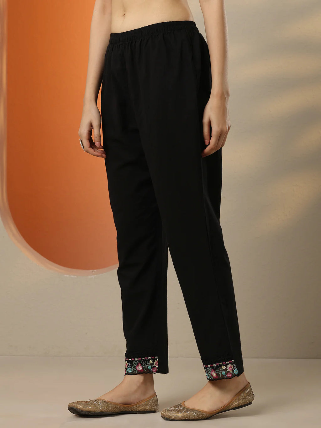 Grey & Black Embroidered Cotton Straight Suit Set With Dupatta