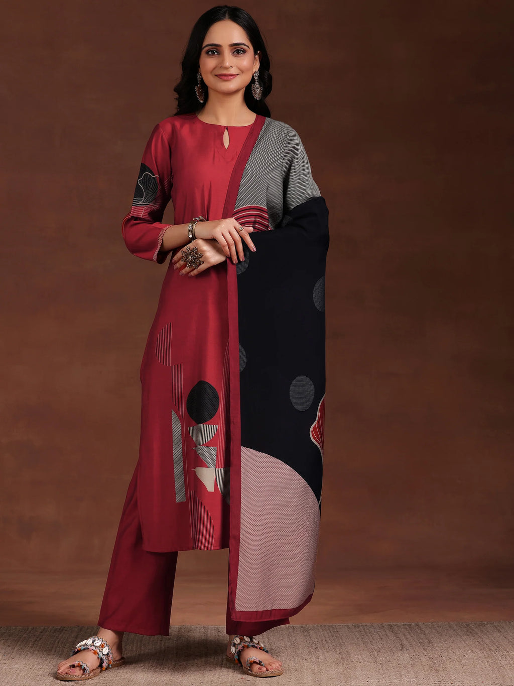 Maroon Printed Silk Blend Straight Suit With Dupatta