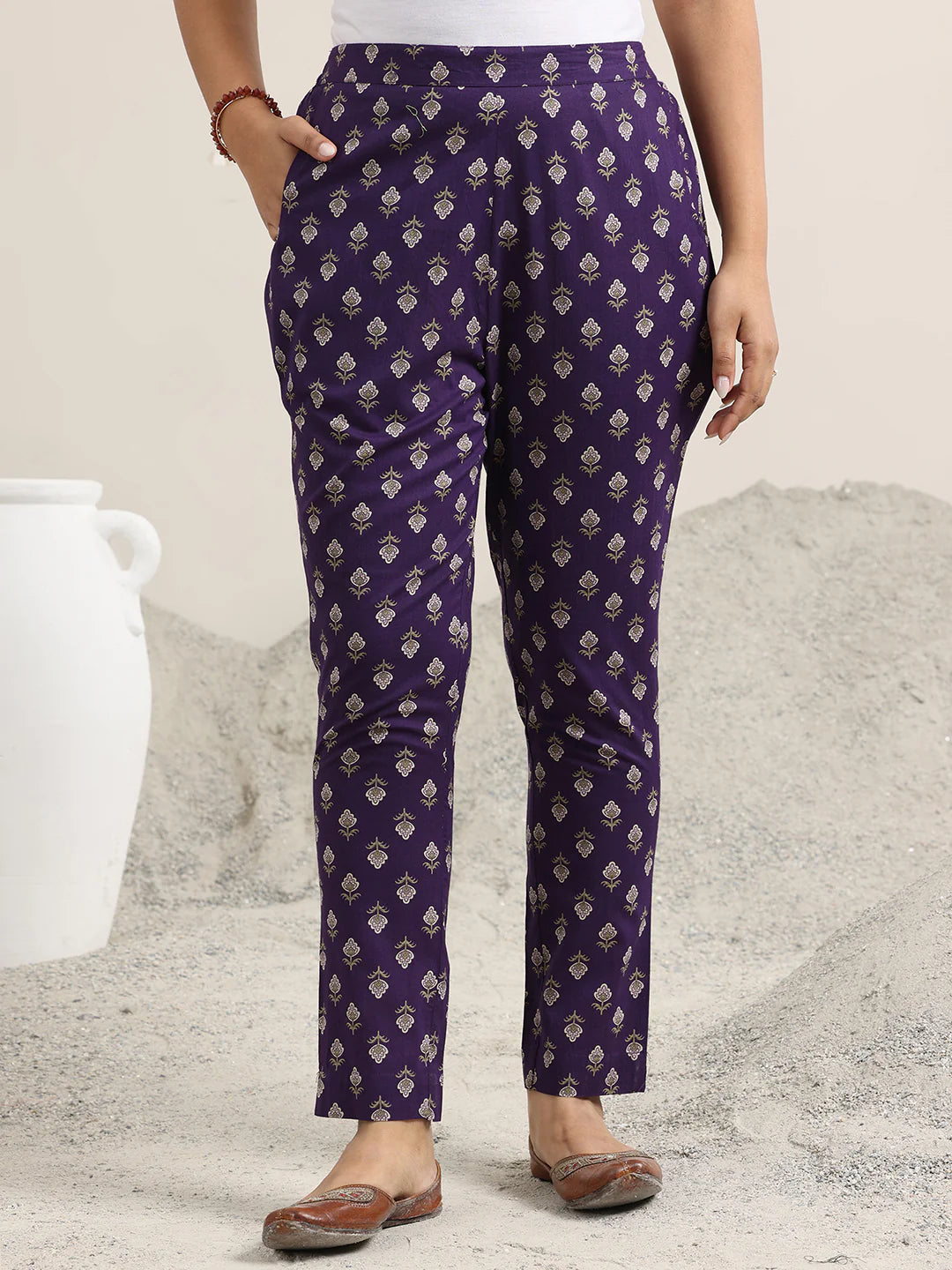 Purple Printed Cotton Straight Suit With Dupatta