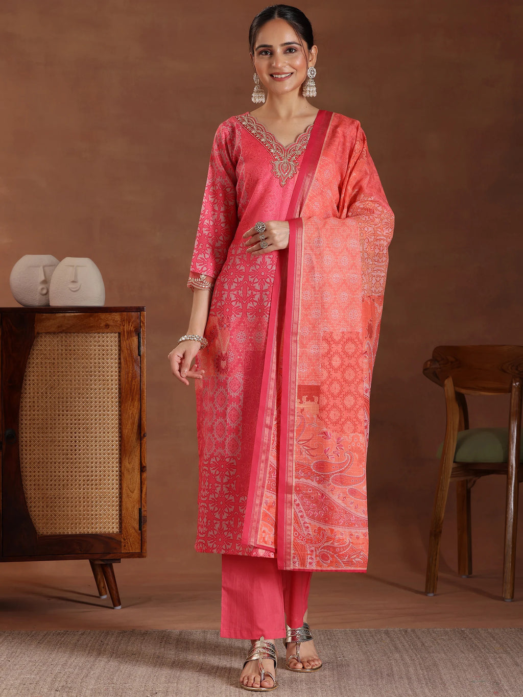 Pink Printed Cotton Blend Straight Suit With Dupatta