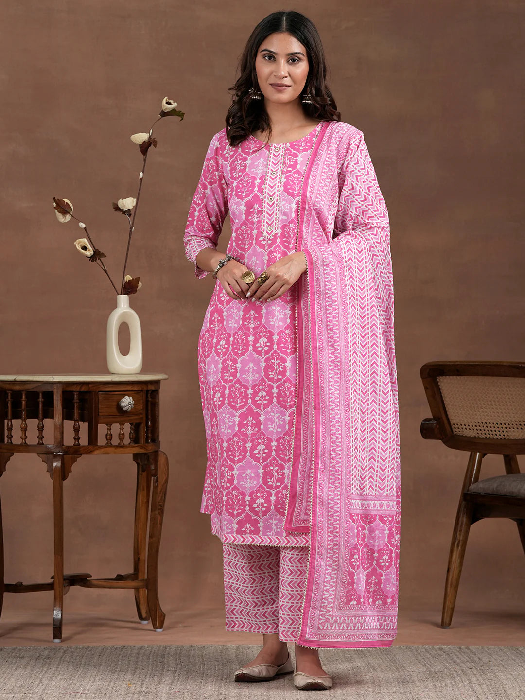 Pink Printed Cotton Straight Suit With Dupatta