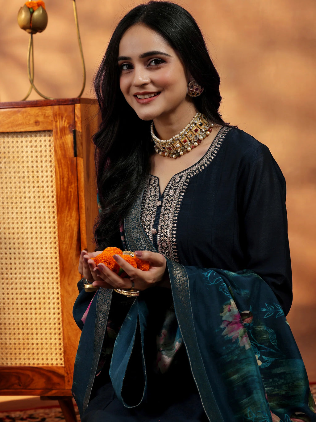 Blue Yoke Design Silk Blend A-Line Kurta With Trousers & Dupatta