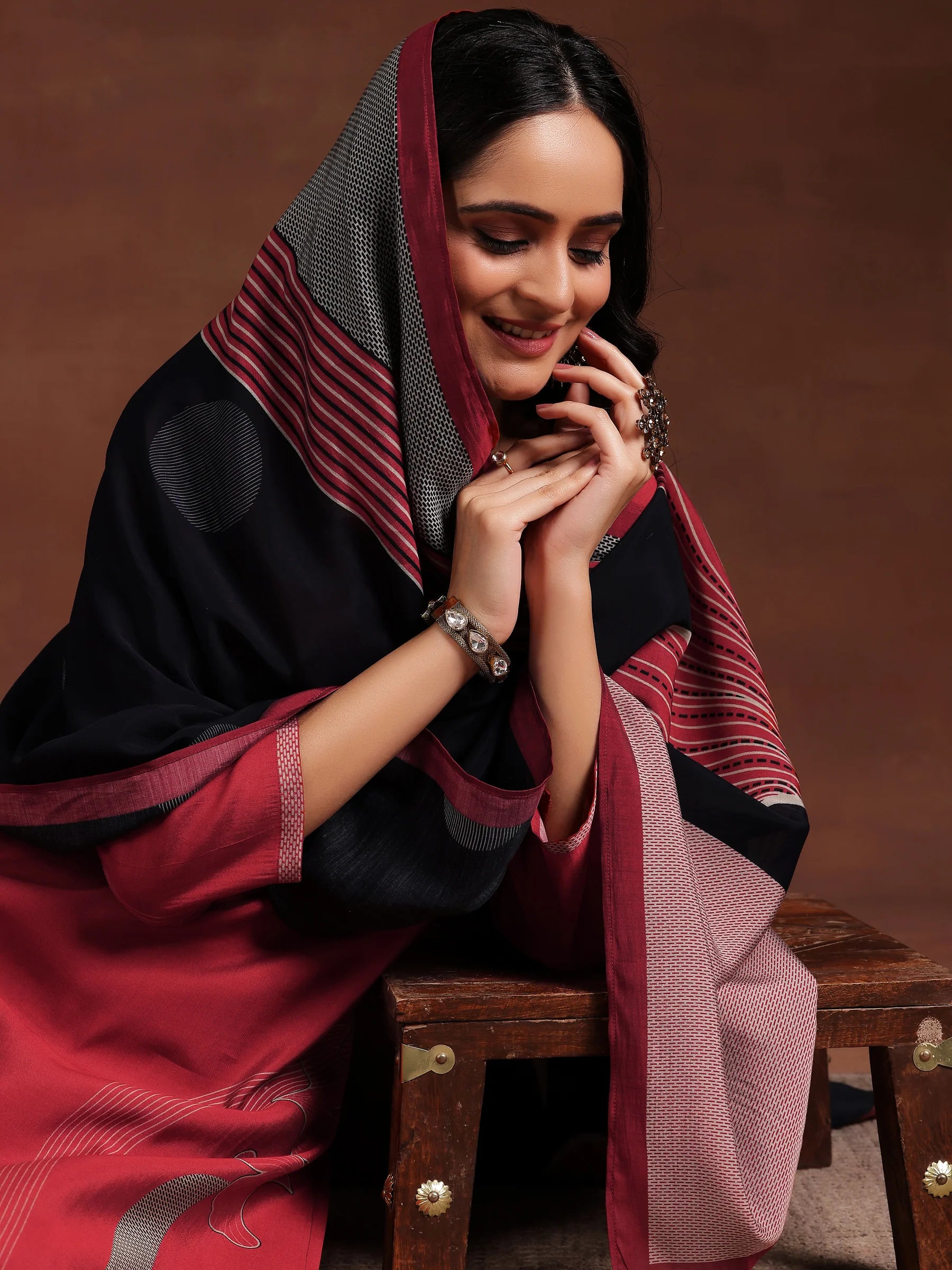 Maroon Printed Silk Blend Straight Suit With Dupatta