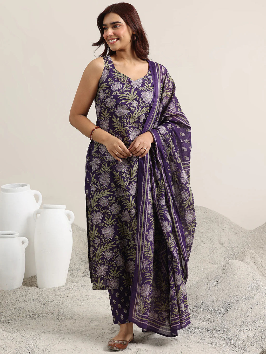 Purple Printed Cotton Straight Suit With Dupatta
