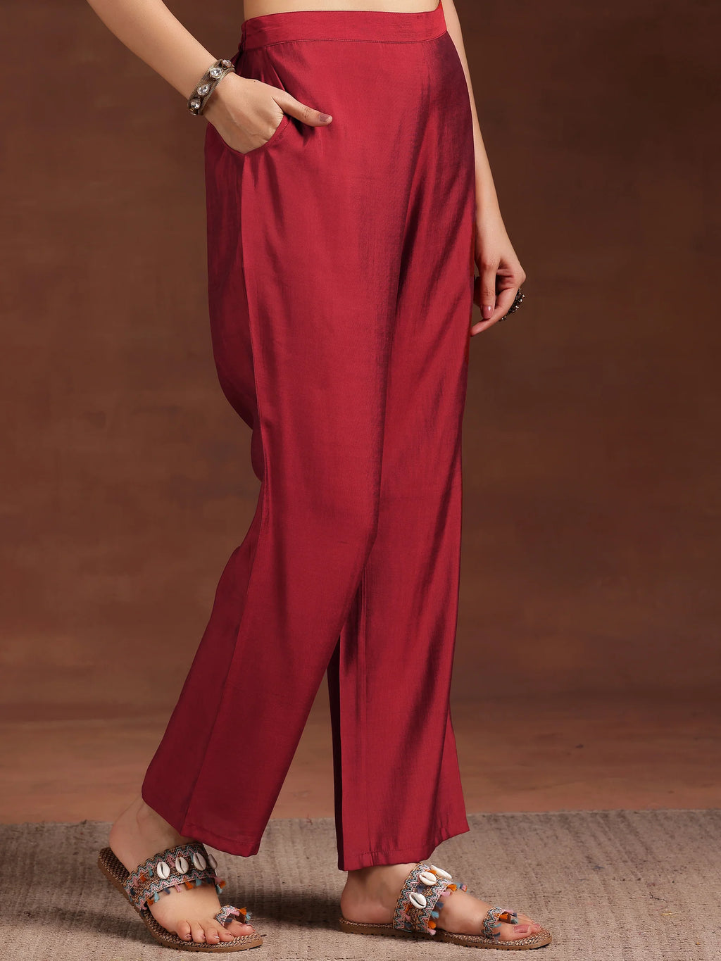 Maroon Printed Silk Blend Straight Suit With Dupatta