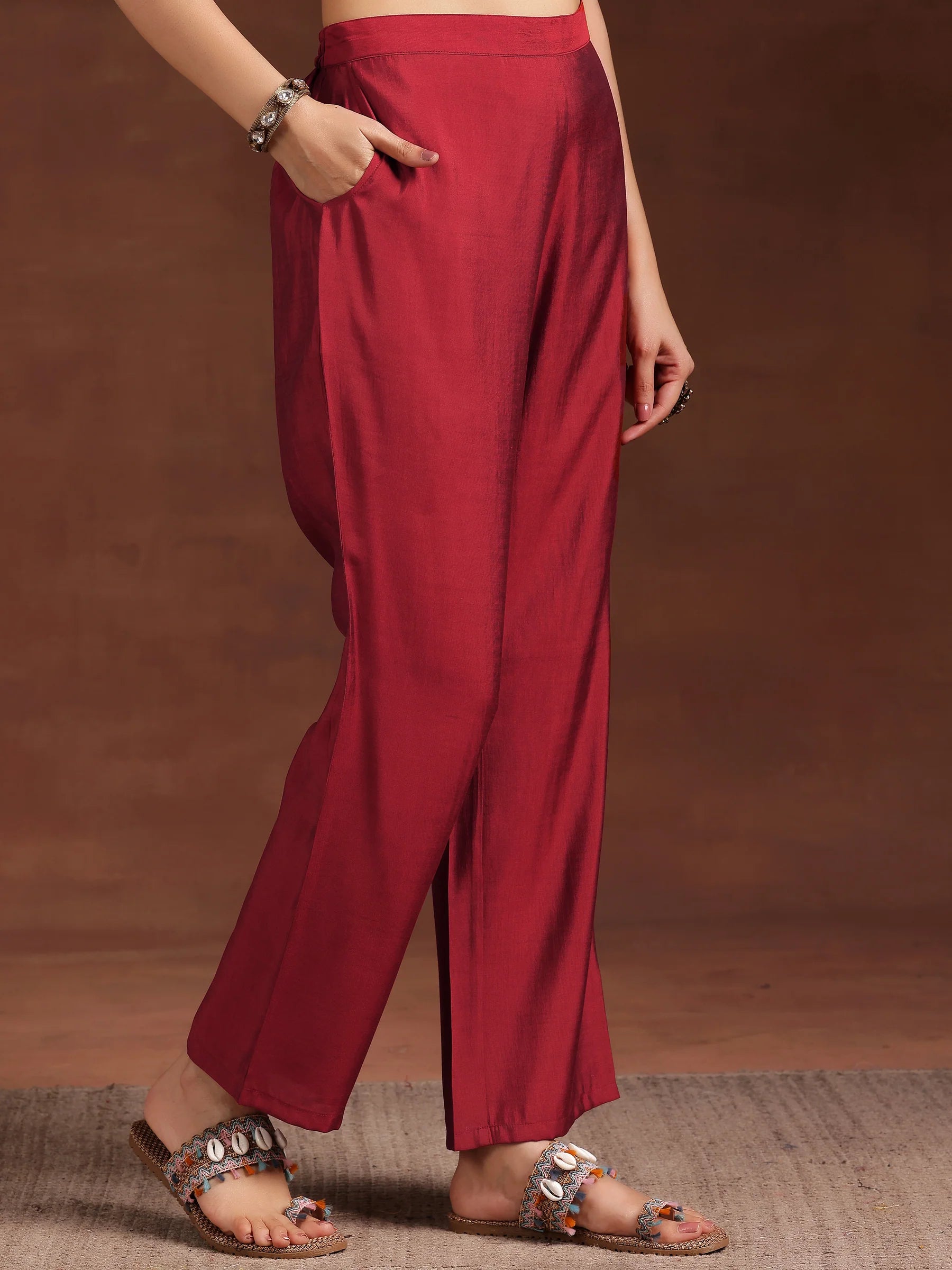 Maroon Printed Silk Blend Straight Suit With Dupatta