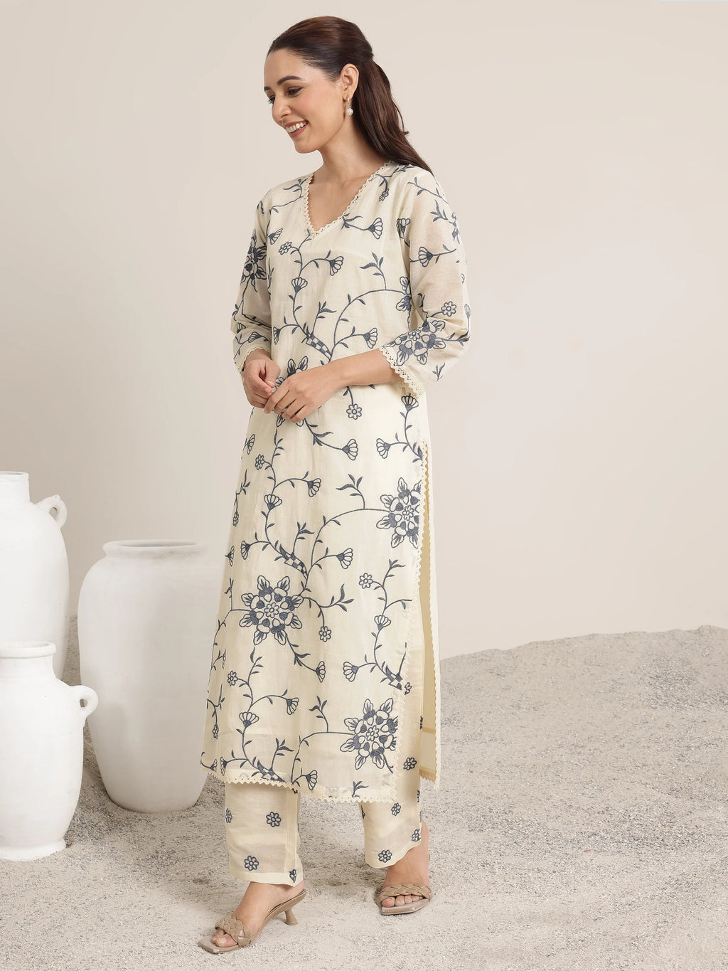 Off White Embroidered Cotton Straight Suit Set With Dupatta