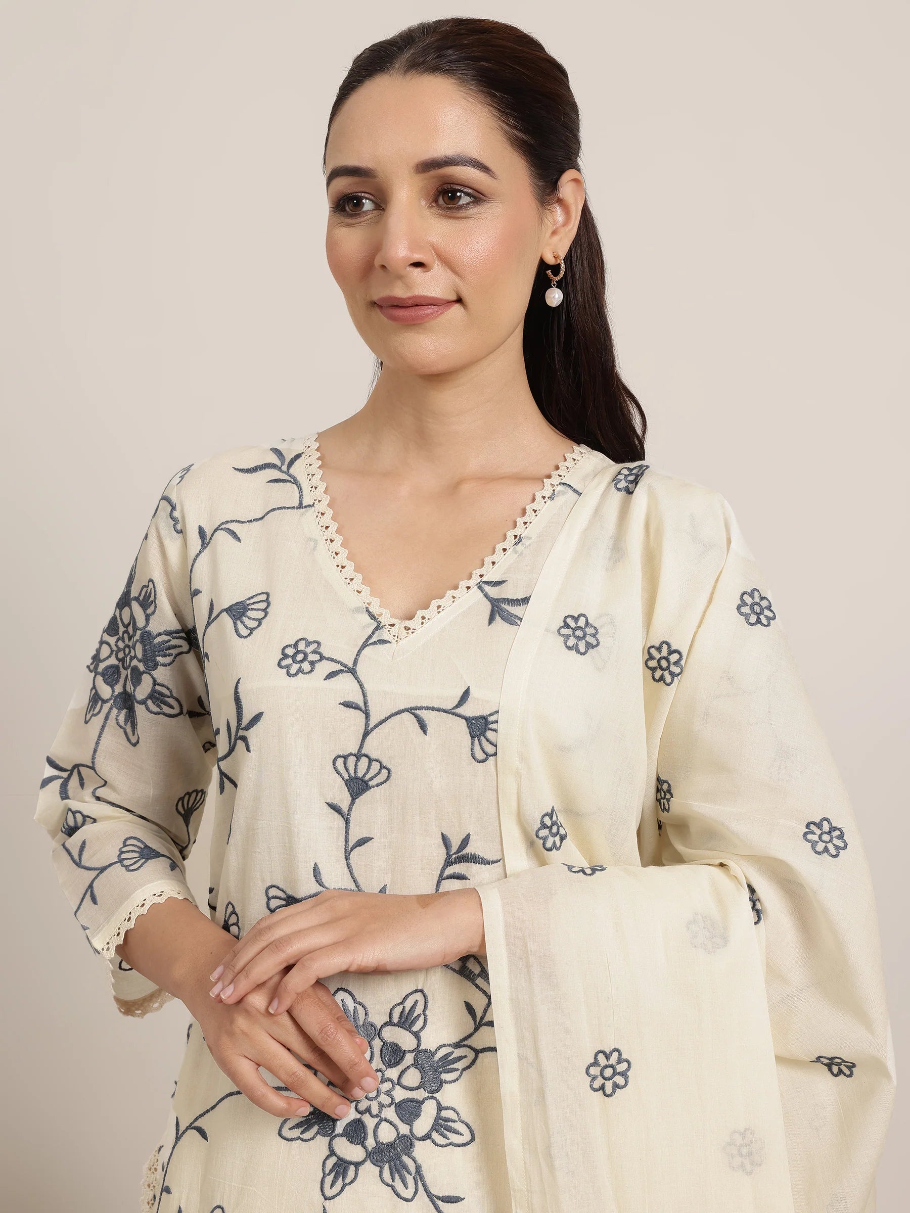 Off White Embroidered Cotton Straight Suit Set With Dupatta