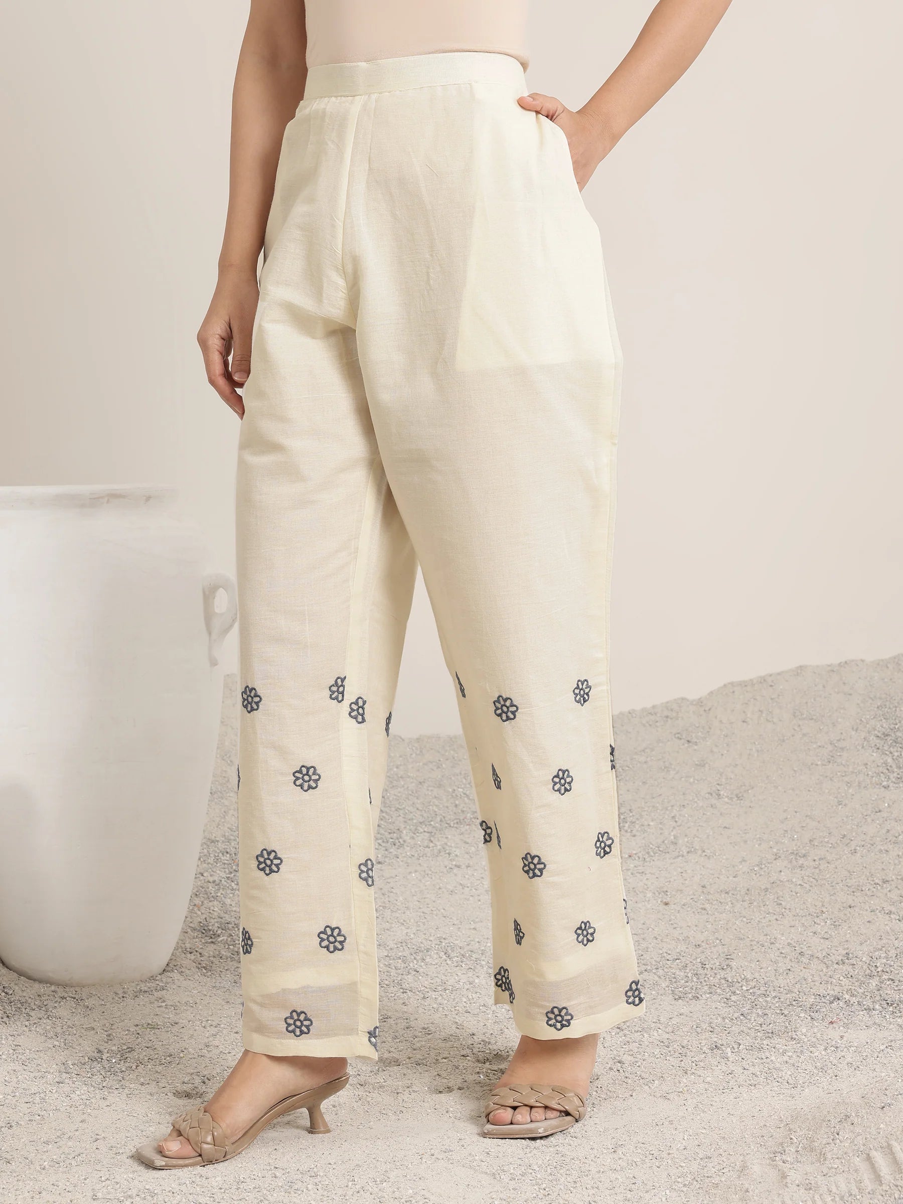 Off White Embroidered Cotton Straight Suit Set With Dupatta