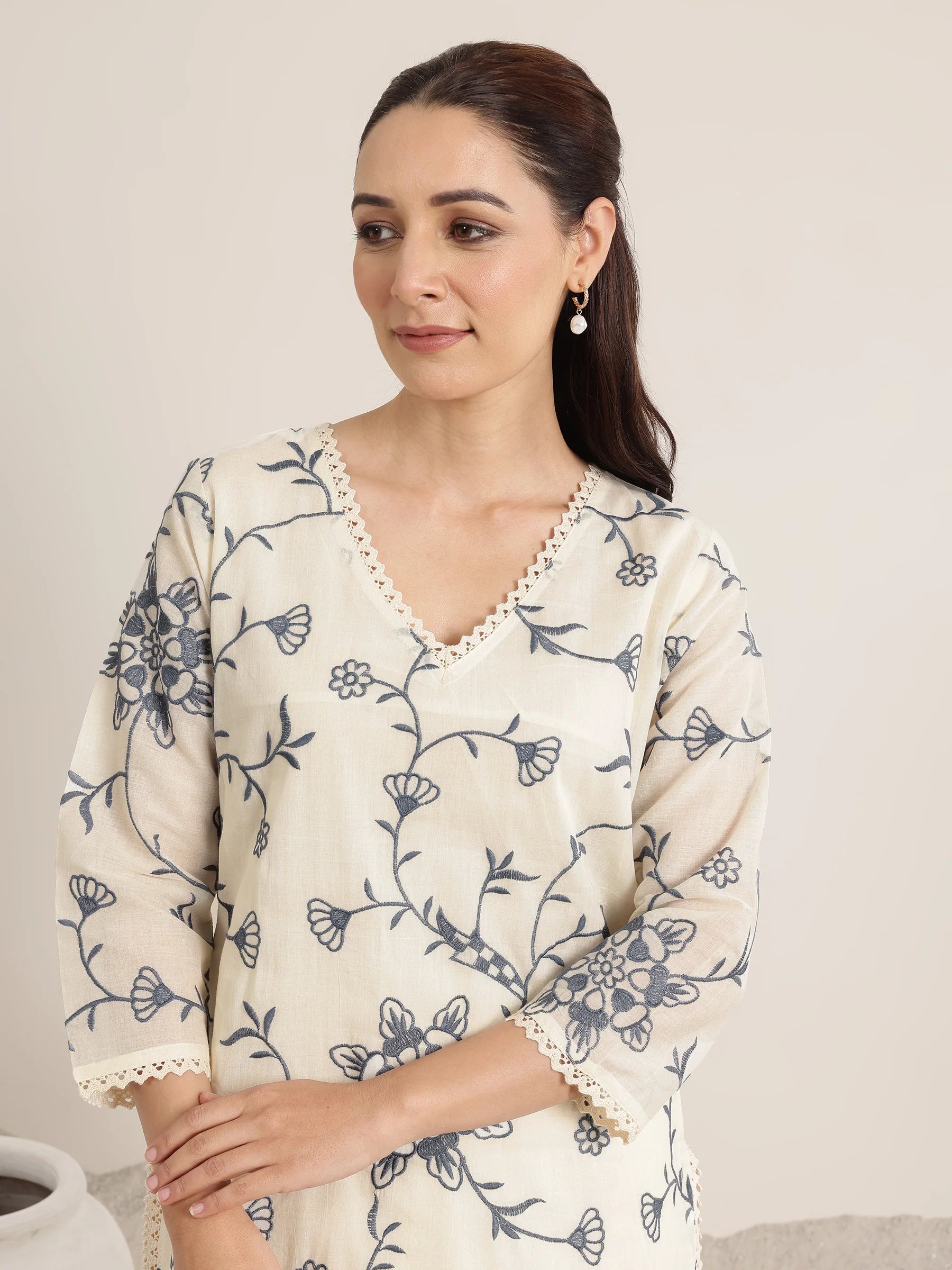 Off White Embroidered Cotton Straight Suit Set With Dupatta