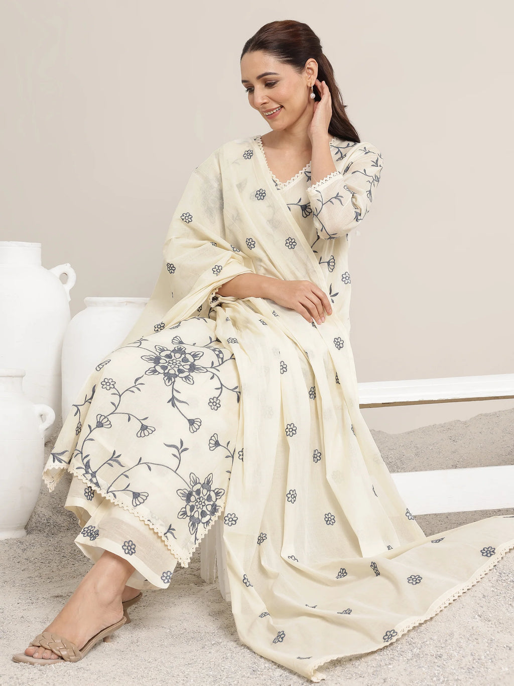 Off White Embroidered Cotton Straight Suit Set With Dupatta