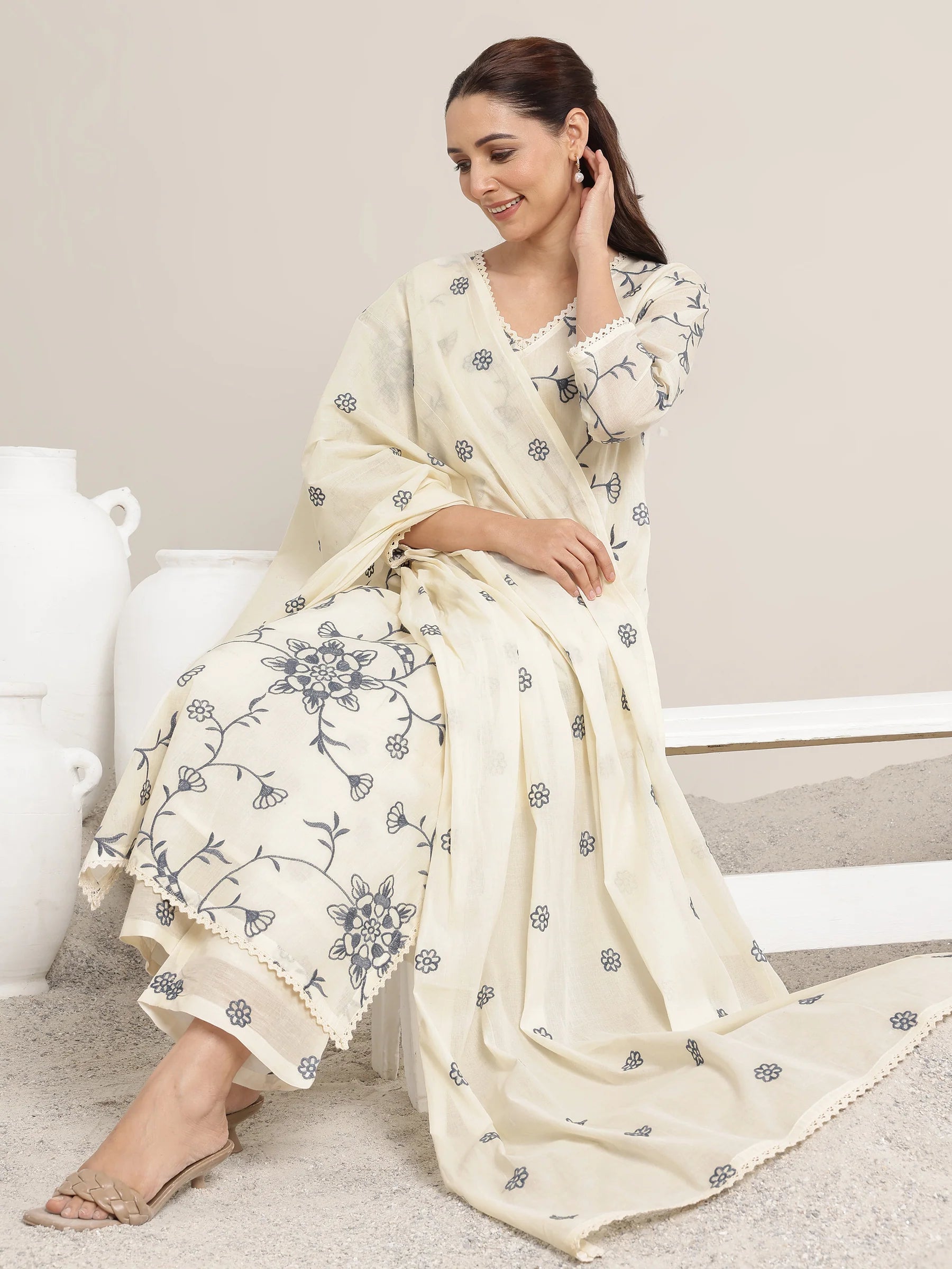 Off White Embroidered Cotton Straight Suit Set With Dupatta