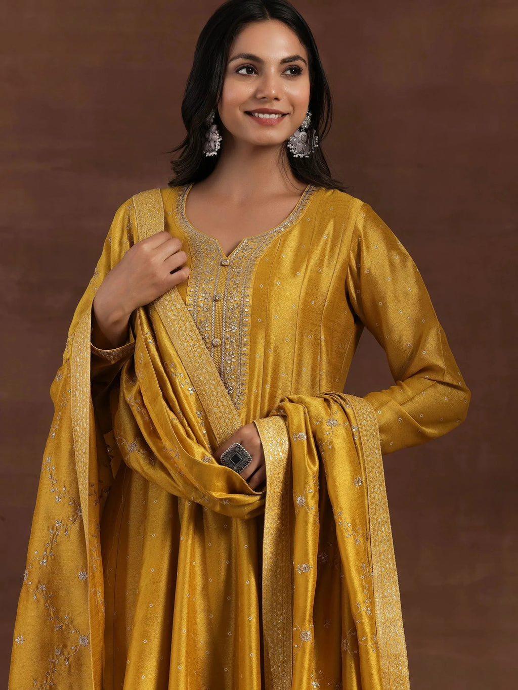 Mustard Embroidered Silk Blend A-Line Kurta With Palazzos & Dupatta