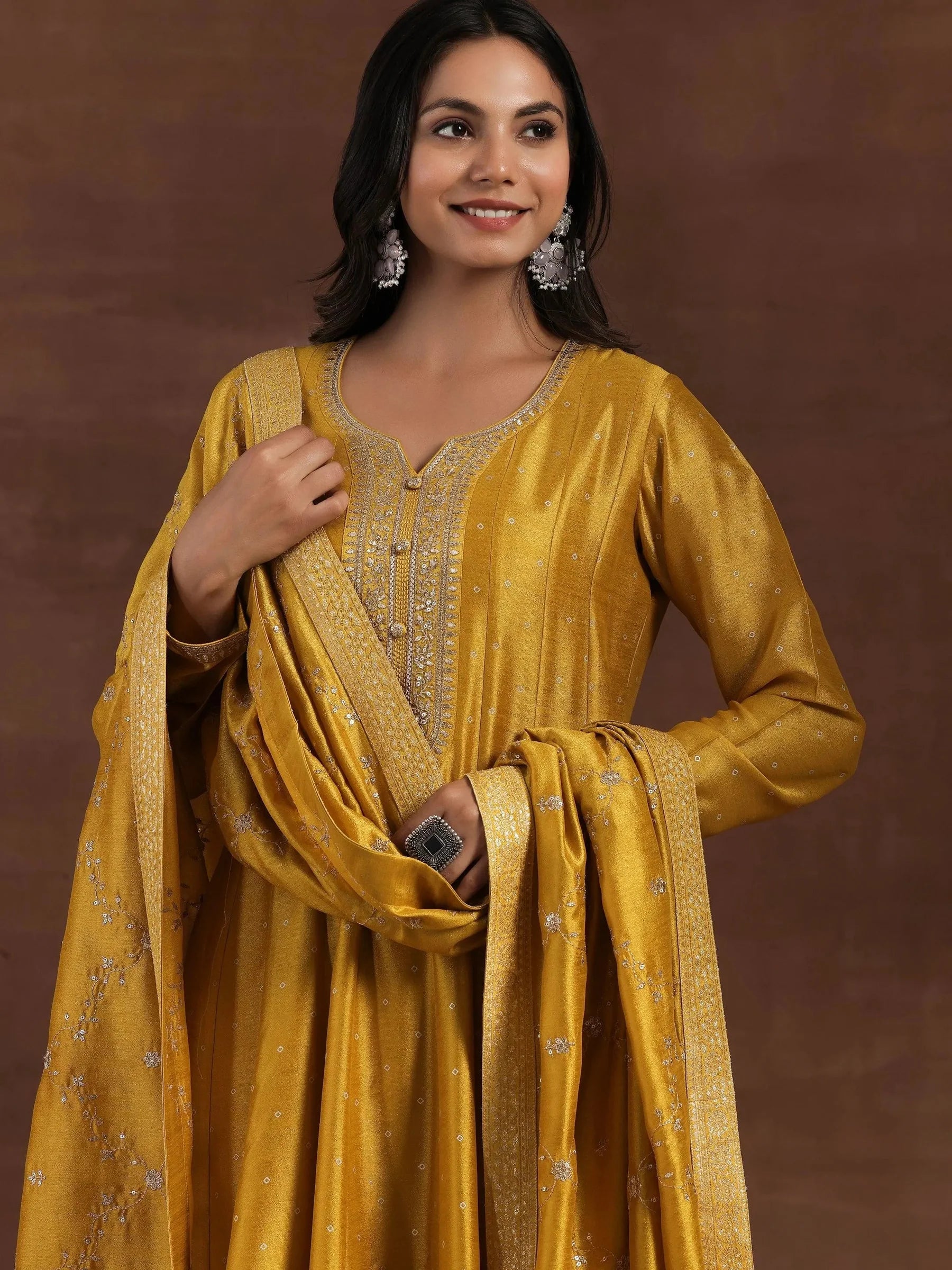 Mustard Embroidered Silk Blend A-Line Kurta With Palazzos & Dupatta