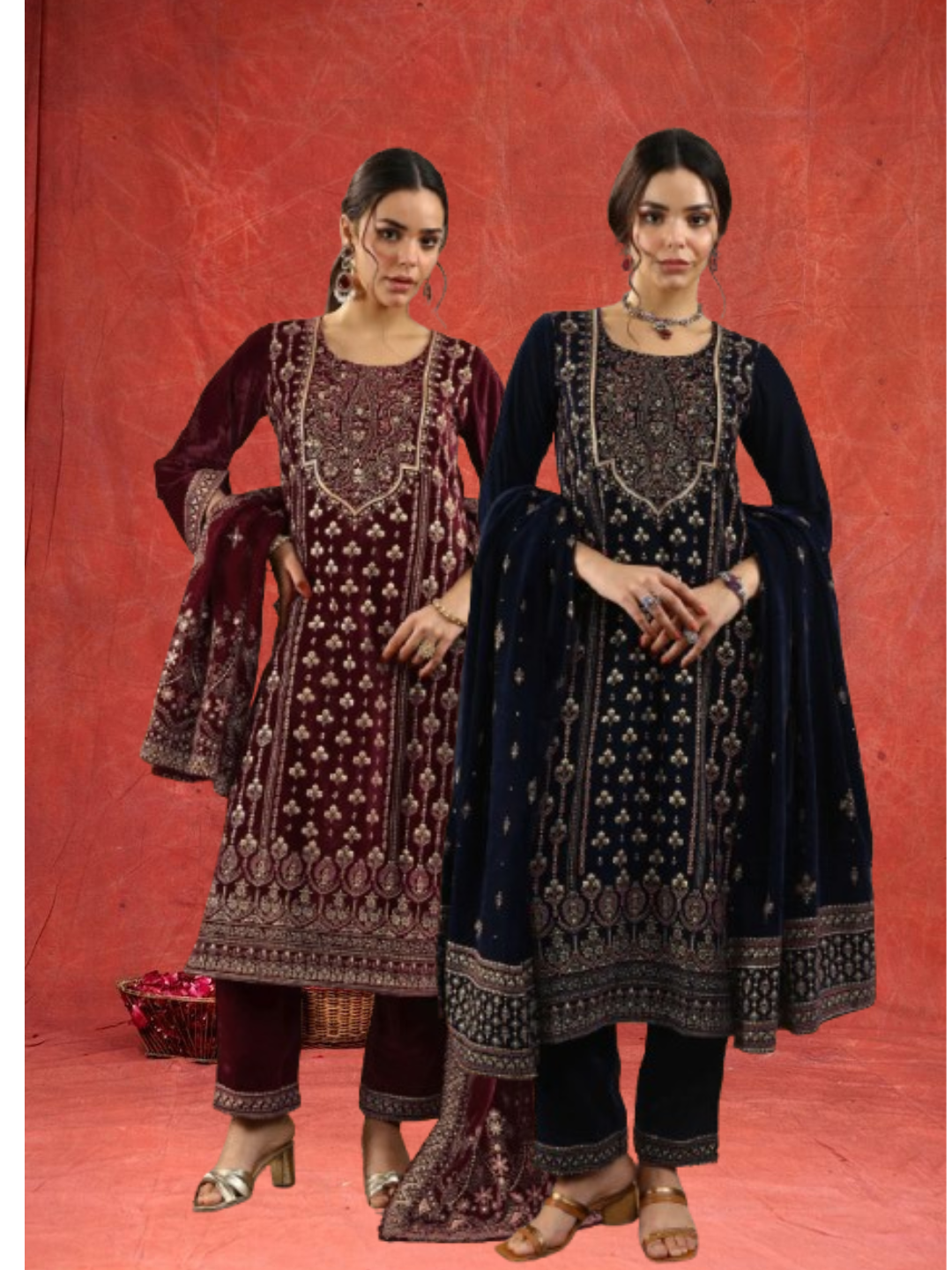 Combo Maroon Printed Velvet Straight Suit With Dupatta