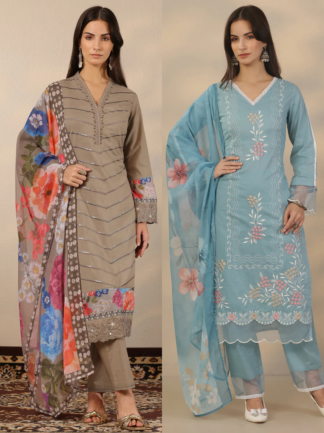 Grey & Blue Combo Embroidered Cotton Straight Suit Set With Dupatta