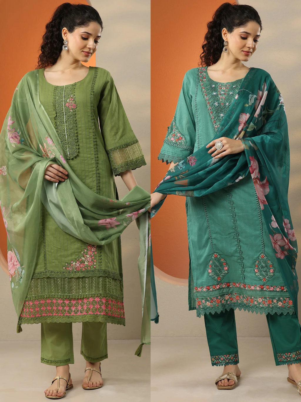 Green Combo Embroidered Cotton Straight Suit Set With Dupatta