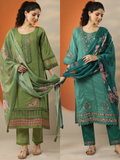Green Combo Embroidered Cotton Straight Suit Set With Dupatta