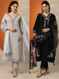 Grey & Black Embroidered Cotton Straight Suit Set With Dupatta