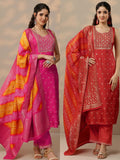 Pink & Orange Woven Design Silk Blend Straight Suit With Dupatta