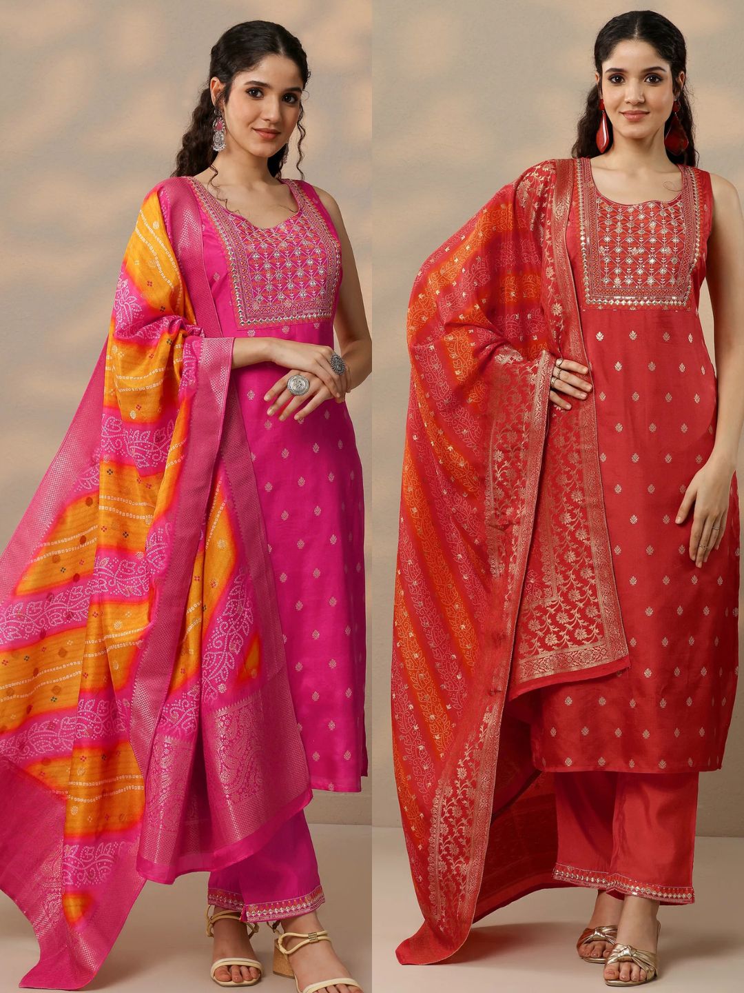 Pink & Orange Woven Design Silk Blend Straight Suit With Dupatta