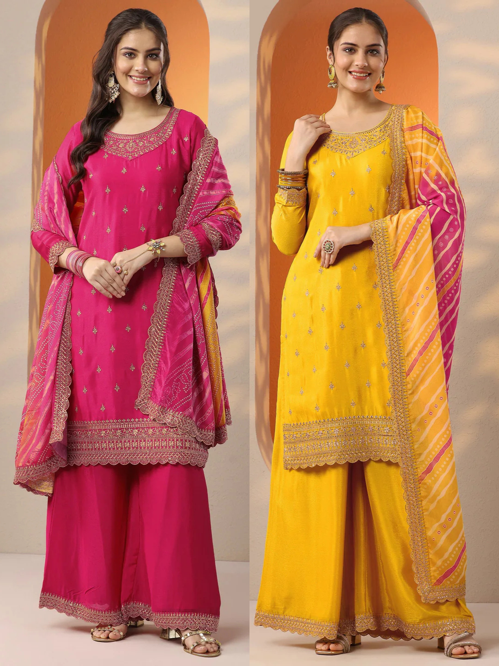 Pink and Yellow Combo Embroidered Chinon Straight Suit Set With Dupatta