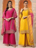 Pink and Yellow Combo Embroidered Chinon Straight Suit Set With Dupatta