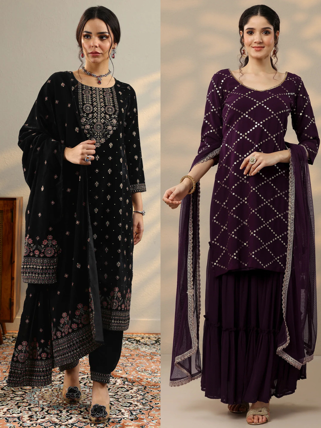 Black & Purple Combo Embroidered Velvet Straight Suit With Dupatta
