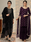 Black & Purple Combo Embroidered Velvet Straight Suit With Dupatta