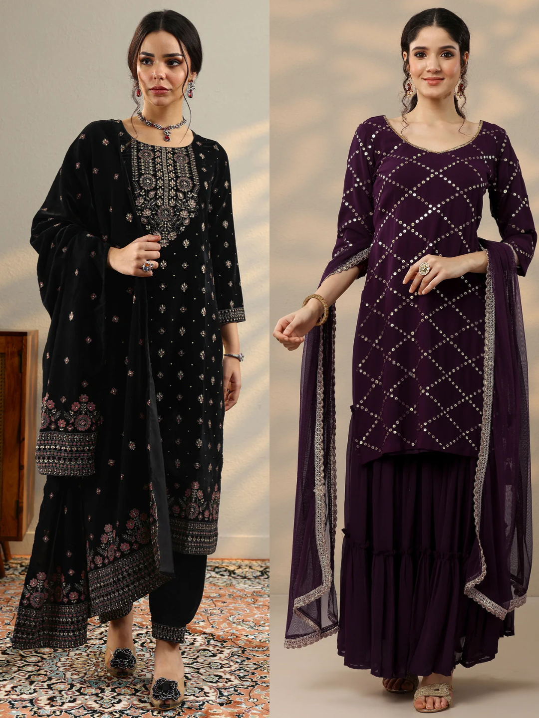 Black & Purple Combo Embroidered Velvet Straight Suit With Dupatta