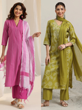 Pink & Green Combo Silk Blend Straight Suit With Dupatta