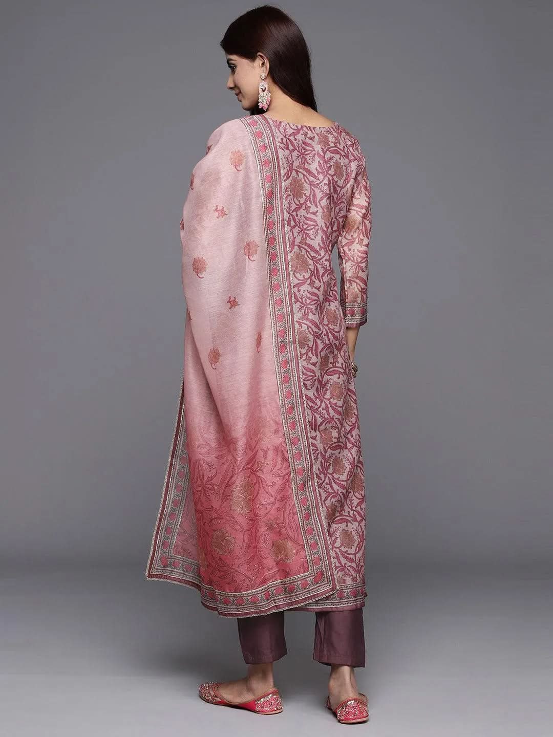 Mauve Yoke Design Silk Blend Straight Kurta With Trousers & Dupatta