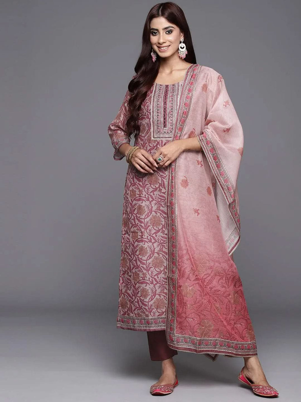 Mauve Yoke Design Silk Blend Straight Kurta With Trousers & Dupatta