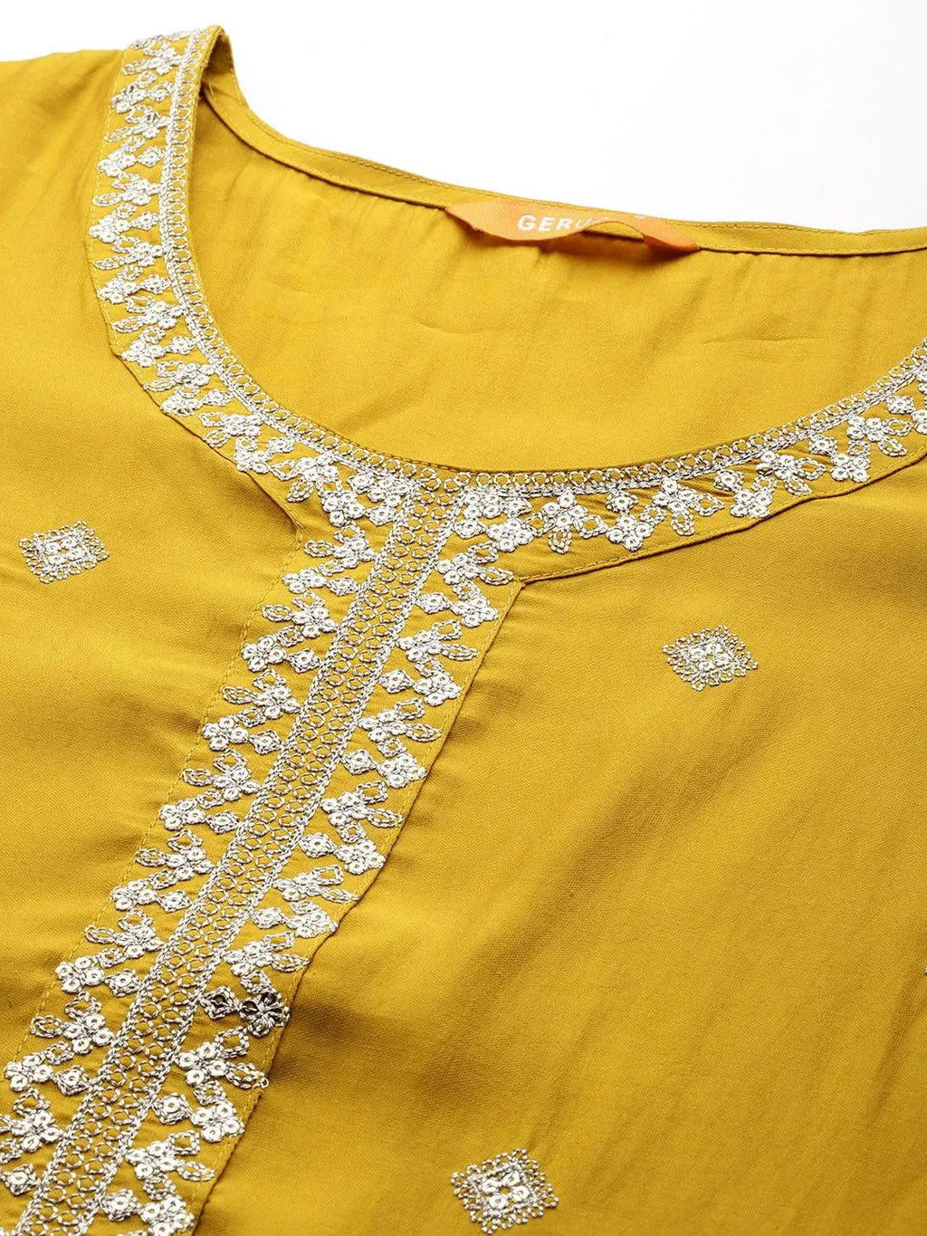 Mustard Embroidered Silk Blend Straight Suit With Dupatta
