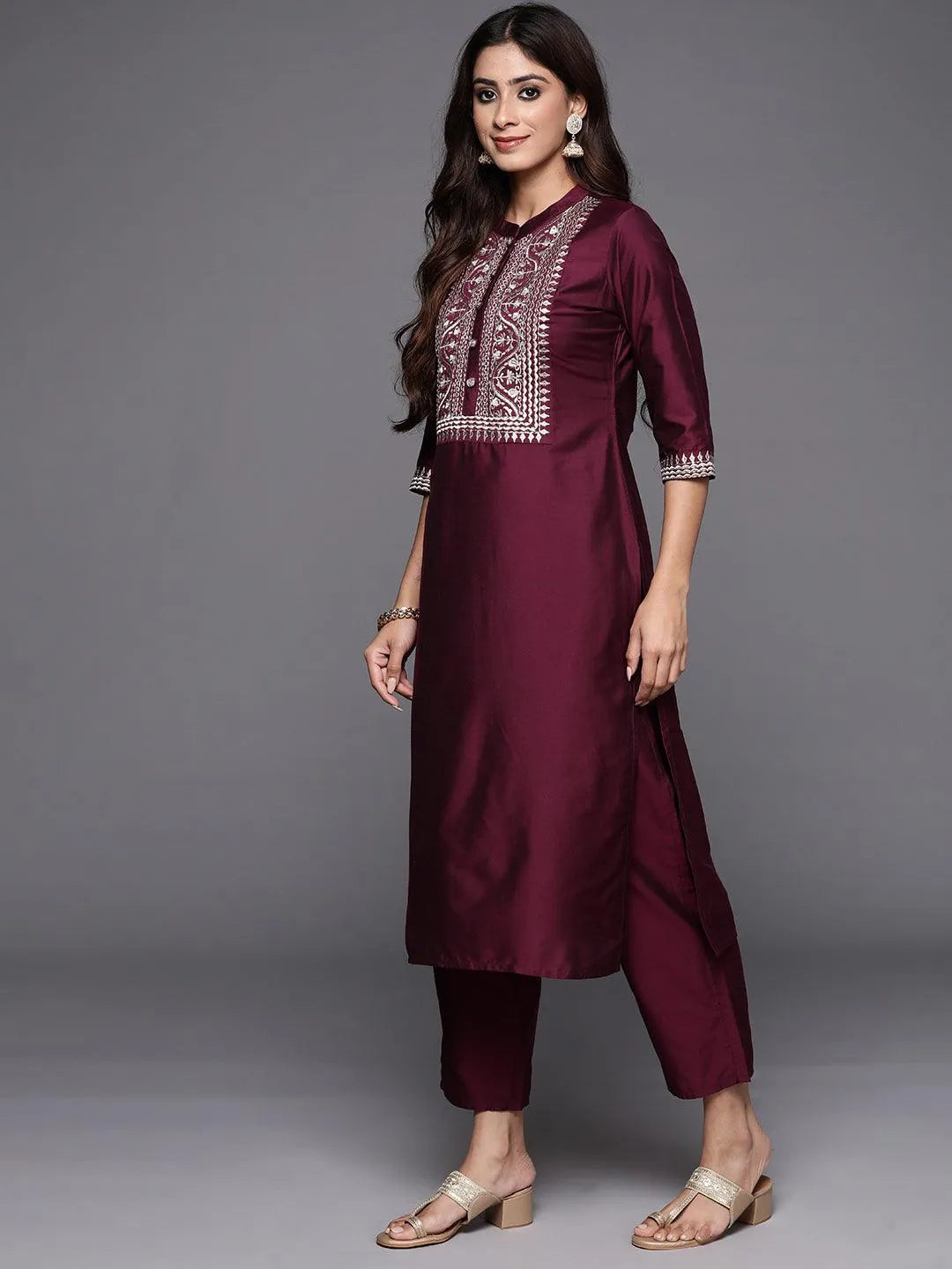 Wine Yoke Design Silk Blend Straight Suit With Dupatta