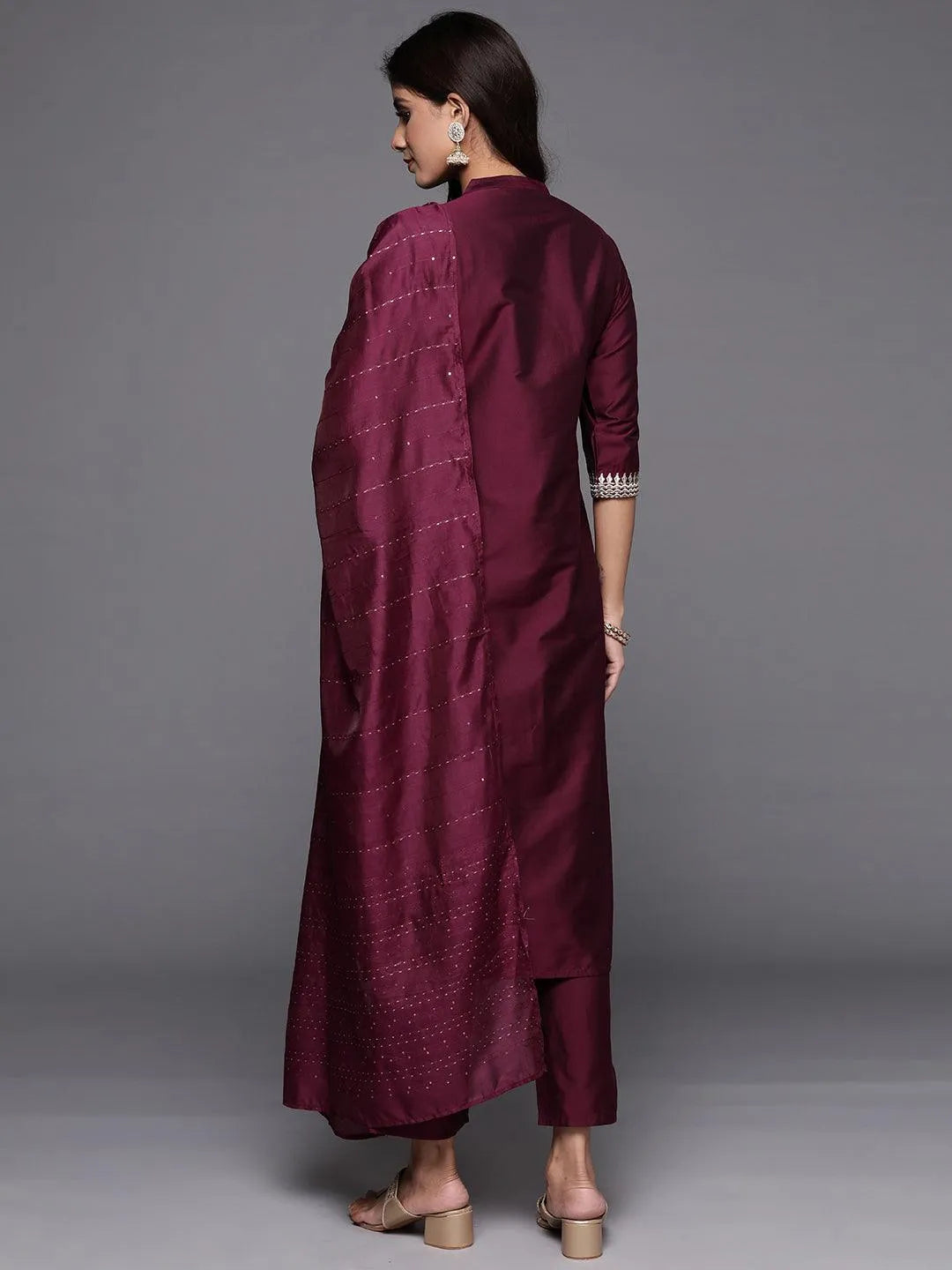 Wine Yoke Design Silk Blend Straight Suit With Dupatta