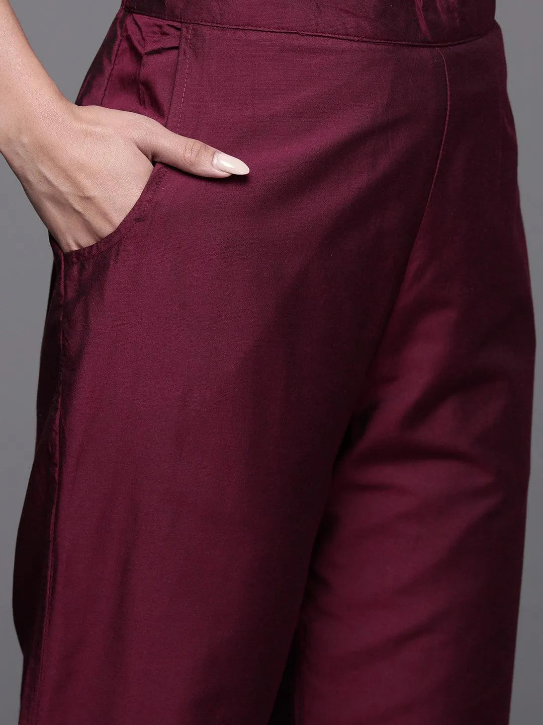 Wine Yoke Design Silk Blend Straight Suit With Dupatta